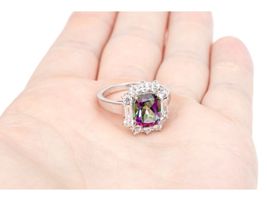 Sterling Silver Striking Emerald Cut Mystic Topaz And White Topaz Halo Ring, Size 8