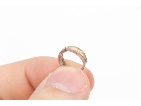 14k White Gold Pretty Small Channel Faux Opal Hinged Hoop Earrings