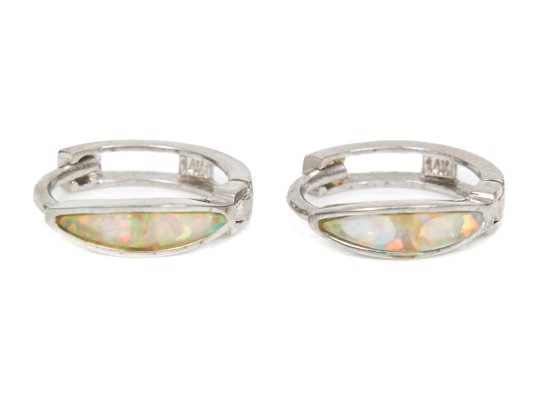 14k White Gold Pretty Small Channel Faux Opal Hinged Hoop Earrings