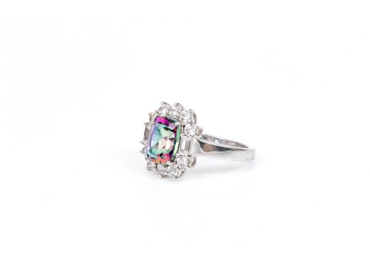 Sterling Silver Striking Emerald Cut Mystic Topaz And White Topaz Halo Ring, Size 8