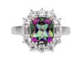 Sterling Silver Striking Emerald Cut Mystic Topaz And White Topaz Halo Ring, Size 8