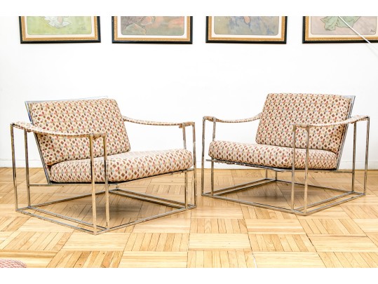 Pair Of Vintage Milo Baughman Chrome-Plated Steel Framed Lounge Chairs