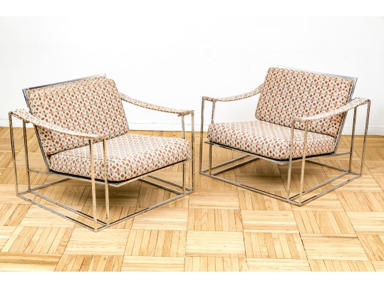Pair Of Vintage Milo Baughman Chrome-Plated Steel Framed Lounge Chairs