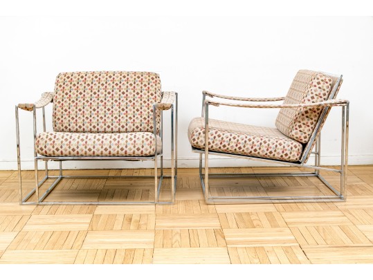 Pair Of Vintage Milo Baughman Chrome-Plated Steel Framed Lounge Chairs