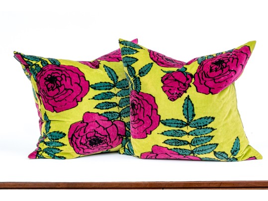 Vintage Retro Pair Of Vibrant Cotton Accent Pillows With Floral Decoration