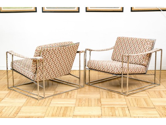 Pair Of Vintage Milo Baughman Chrome-Plated Steel Framed Lounge Chairs