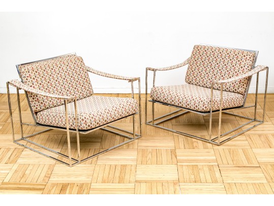 Pair Of Vintage Milo Baughman Chrome-Plated Steel Framed Lounge Chairs