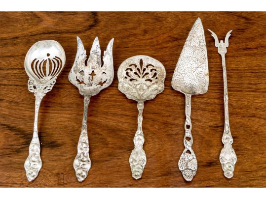 Collection Of Five Sterling Silver Ornately Cast Serving Pieces, 15.18 Ozt.