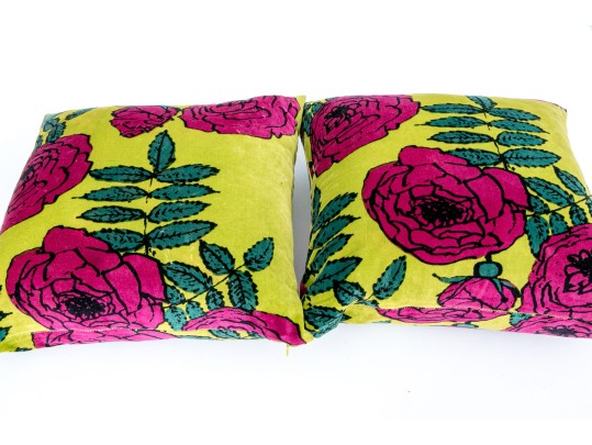 Vintage Retro Pair Of Vibrant Cotton Accent Pillows With Floral Decoration