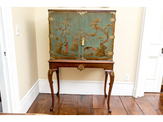 Kensington Furniture Chinoiserie Painted And Hand Carved Walnut American Cabinet On Stand, Ca. 1920