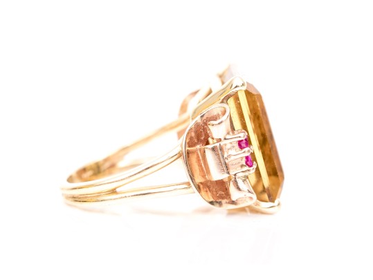 14k Yellow And Rose Gold Handsome Vintage Citrine And Ruby Ring, App. 9.44 CTS, Size 5.5
