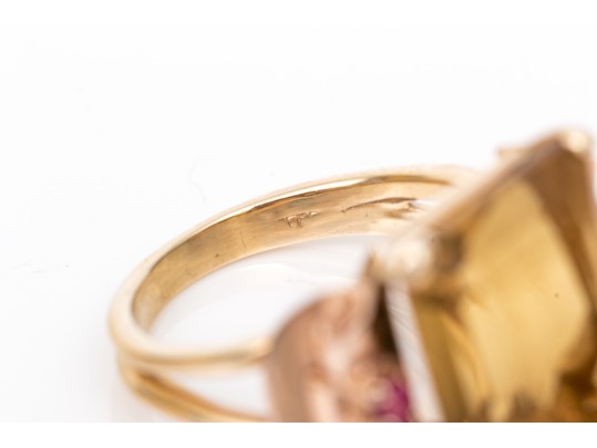 14k Yellow And Rose Gold Handsome Vintage Citrine And Ruby Ring, App. 9.44 CTS, Size 5.5