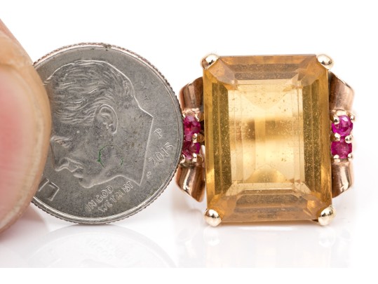 14k Yellow And Rose Gold Handsome Vintage Citrine And Ruby Ring, App. 9.44 CTS, Size 5.5