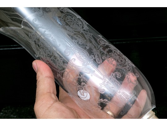 Magnificent Pair Of French Baccarat Crystal Candlesticks And Etched Hurricanes