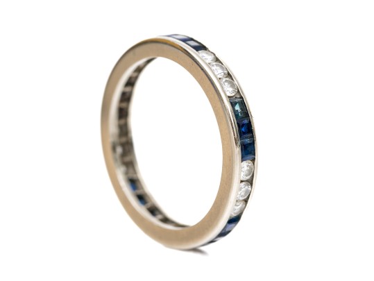 14k Alternating Round Diamond And Square Cut Sapphire Eternity Ring, Size 5.25, See Sizing Note