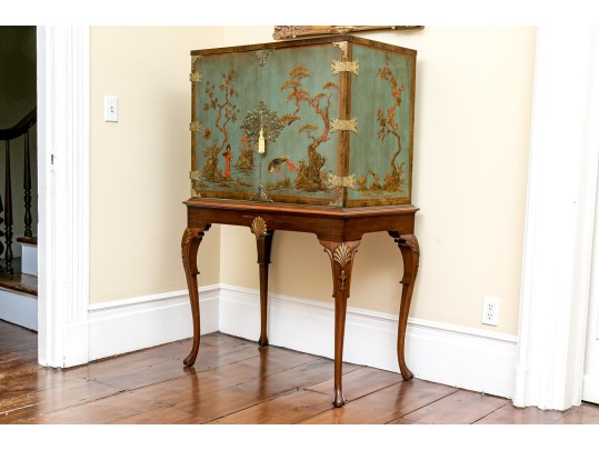 Kensington Furniture Chinoiserie Painted And Hand Carved Walnut American Cabinet On Stand, Ca. 1920
