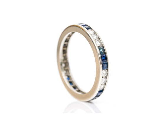 14k Alternating Round Diamond And Square Cut Sapphire Eternity Ring, Size 5.25, See Sizing Note