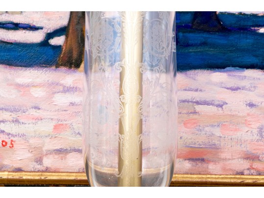 Magnificent Pair Of French Baccarat Crystal Candlesticks And Etched Hurricanes