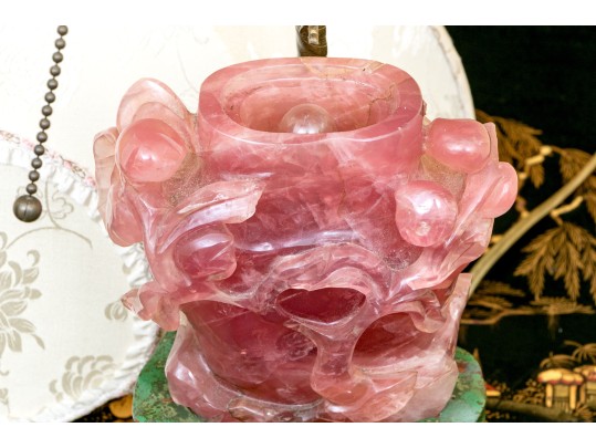 Gorgeous Chinese Carved Rose Quartz Lidded Vase Form Table Lamp, 20th C.