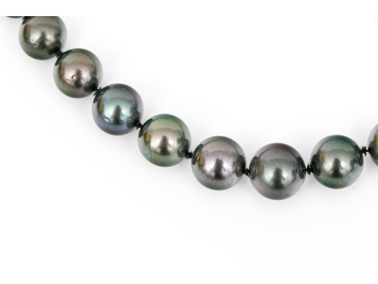 Beautiful Graduated Black Tahitian Pearl Necklace, 8.75mm To 12.25mm, 14k Diamond Set Clasp