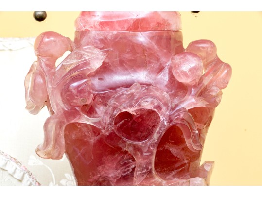 Gorgeous Chinese Carved Rose Quartz Lidded Vase Form Table Lamp, 20th C.