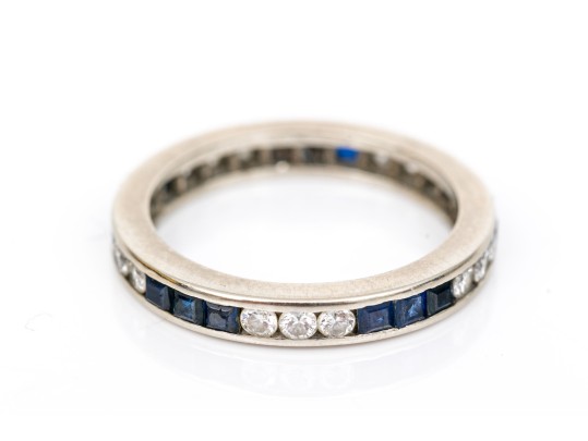 14k Alternating Round Diamond And Square Cut Sapphire Eternity Ring, Size 5.25, See Sizing Note