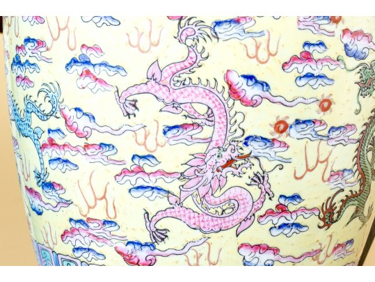 Pair Of Chinese Famille Rose On Yellow Ground Porcelain Vases, Mounted As Table Lamps