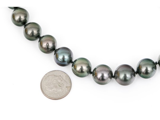 Beautiful Graduated Black Tahitian Pearl Necklace, 8.75mm To 12.25mm, 14k Diamond Set Clasp