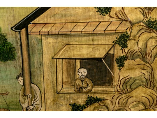 Chinese Lacquer Painting On Board, Canton Landscape