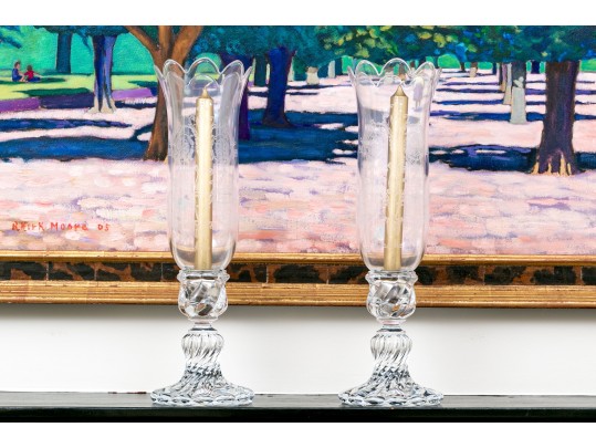 Magnificent Pair Of French Baccarat Crystal Candlesticks And Etched Hurricanes