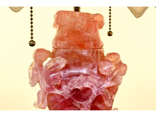Gorgeous Chinese Carved Rose Quartz Lidded Vase Form Table Lamp, 20th C.