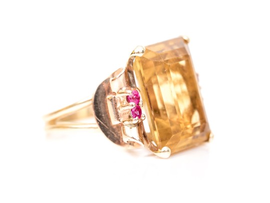 14k Yellow And Rose Gold Handsome Vintage Citrine And Ruby Ring, App. 9.44 CTS, Size 5.5