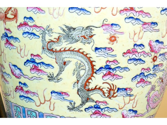 Pair Of Chinese Famille Rose On Yellow Ground Porcelain Vases, Mounted As Table Lamps