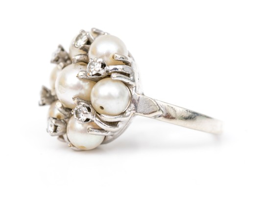 14k White Gold Vintage Pretty Cultured Pearl And Diamond Cluster Ring, Size 3