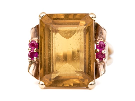 14k Yellow And Rose Gold Handsome Vintage Citrine And Ruby Ring, App. 9.44 CTS, Size 5.5