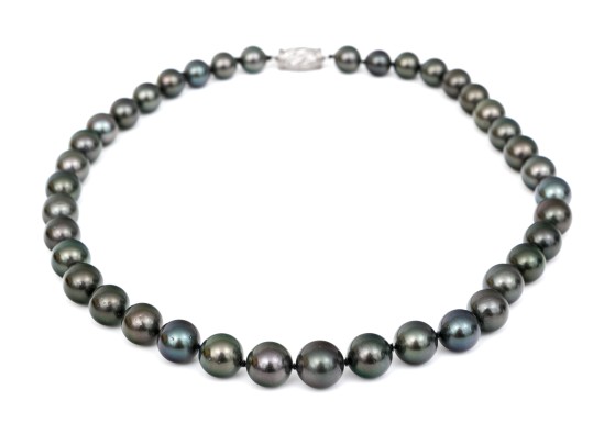 Beautiful Graduated Black Tahitian Pearl Necklace, 8.75mm To 12.25mm, 14k Diamond Set Clasp