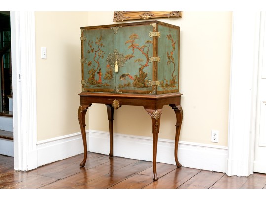 Kensington Furniture Chinoiserie Painted And Hand Carved Walnut American Cabinet On Stand, Ca. 1920