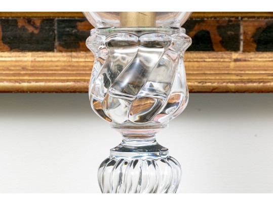 Magnificent Pair Of French Baccarat Crystal Candlesticks And Etched Hurricanes