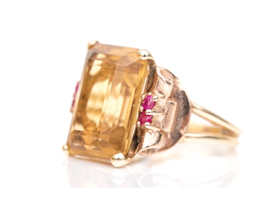 14k Yellow And Rose Gold Handsome Vintage Citrine And Ruby Ring, App. 9.44 CTS, Size 5.5