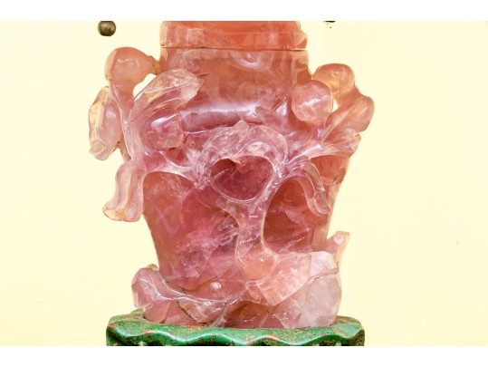 Gorgeous Chinese Carved Rose Quartz Lidded Vase Form Table Lamp, 20th C.