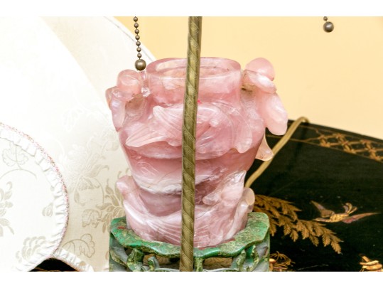 Gorgeous Chinese Carved Rose Quartz Lidded Vase Form Table Lamp, 20th C.