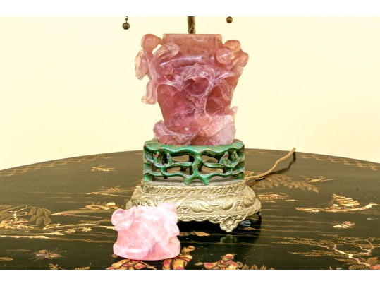 Gorgeous Chinese Carved Rose Quartz Lidded Vase Form Table Lamp, 20th C.