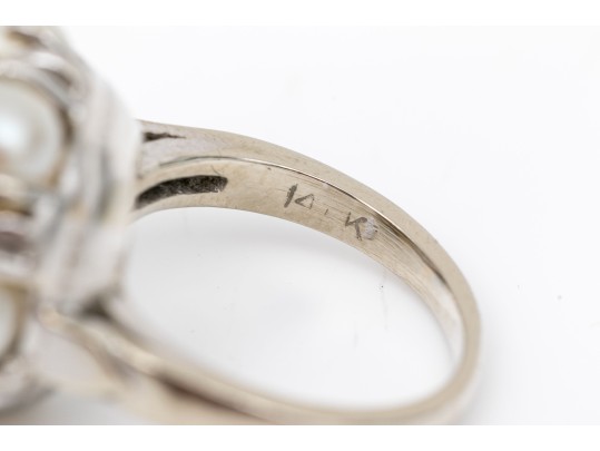 14k White Gold Vintage Pretty Cultured Pearl And Diamond Cluster Ring, Size 3