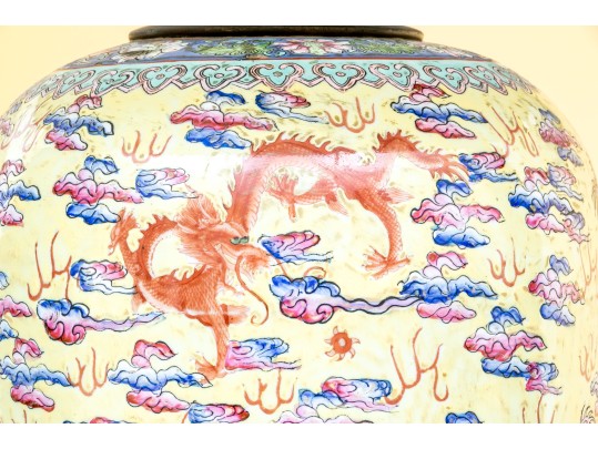 Pair Of Chinese Famille Rose On Yellow Ground Porcelain Vases, Mounted As Table Lamps