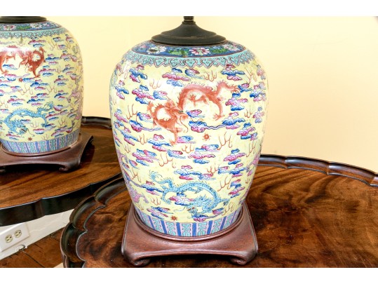 Pair Of Chinese Famille Rose On Yellow Ground Porcelain Vases, Mounted As Table Lamps