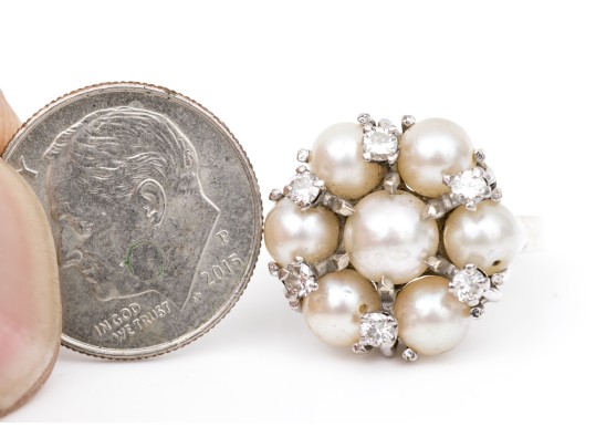 14k White Gold Vintage Pretty Cultured Pearl And Diamond Cluster Ring, Size 3