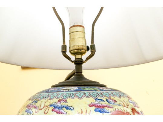 Pair Of Chinese Famille Rose On Yellow Ground Porcelain Vases, Mounted As Table Lamps