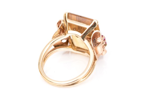 14k Yellow And Rose Gold Handsome Vintage Citrine And Ruby Ring, App. 9.44 CTS, Size 5.5