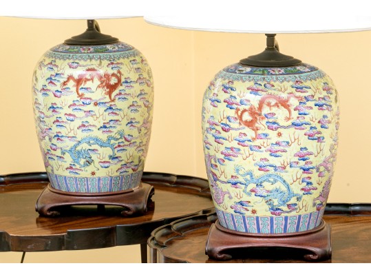 Pair Of Chinese Famille Rose On Yellow Ground Porcelain Vases, Mounted As Table Lamps