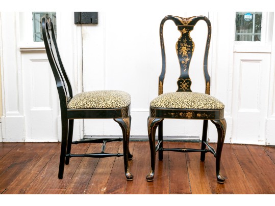 Pair Of Bold Chinese Chippendale Style Side Chairs With Cheetah Print Upholstery